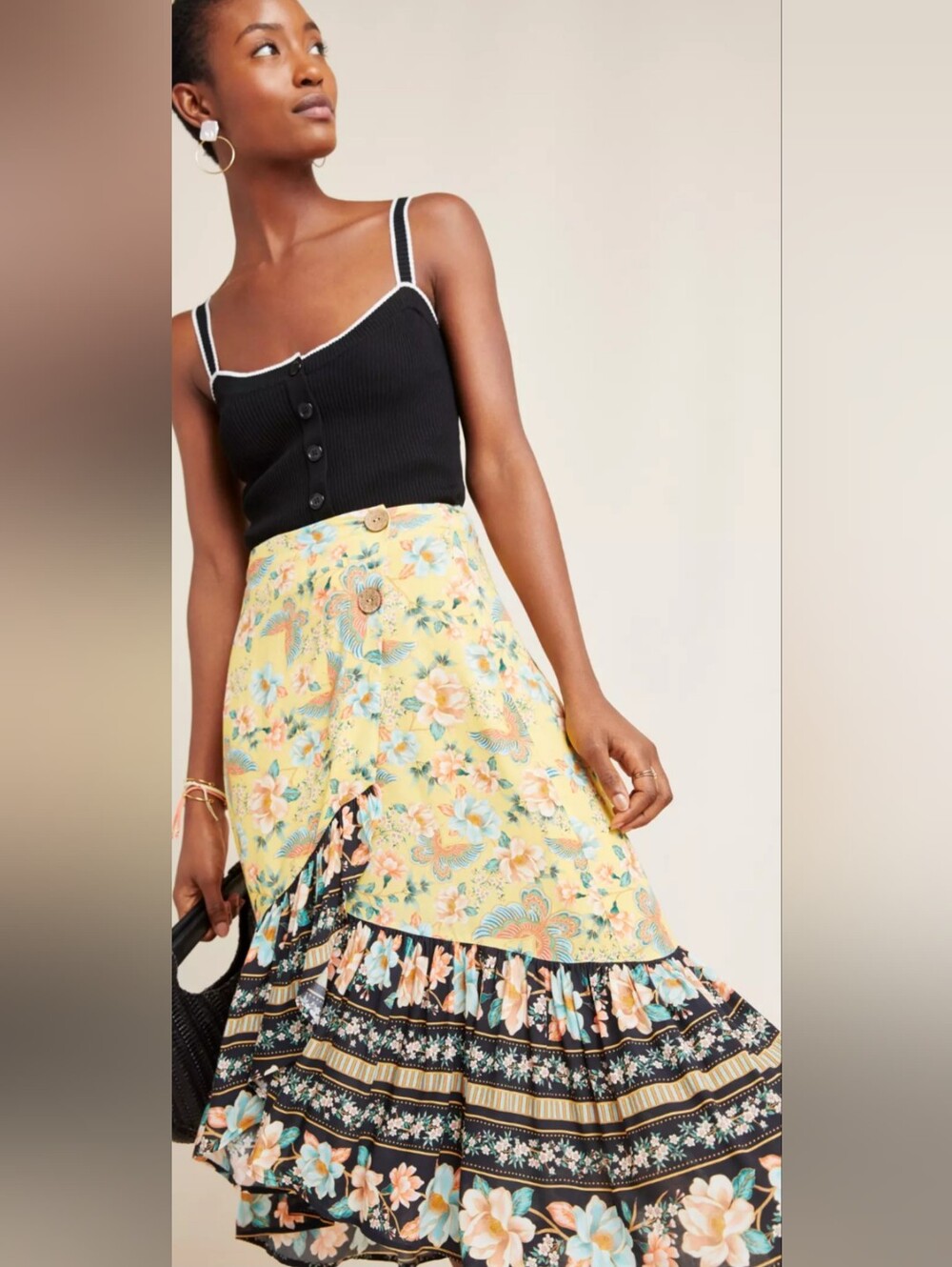 🌼B2G1🌼 FARM Rio Yellow Floral High-Low Wrap Skirt with Black Trimmed Ruffle